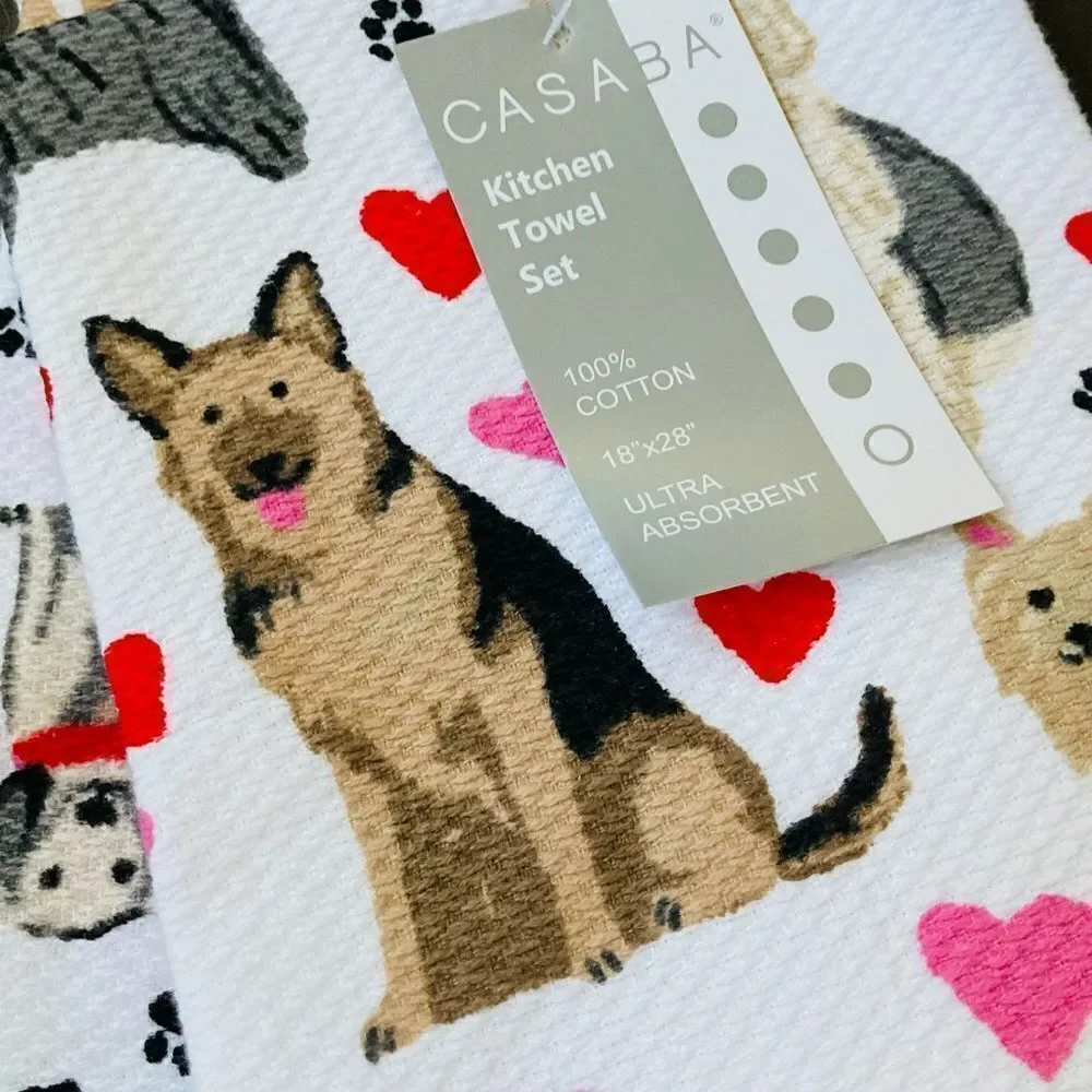 NWT Valentine Dogs & Hearts Kitchen Dish Towels Casaba